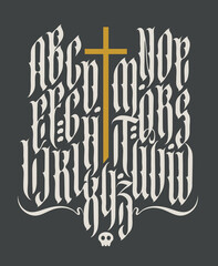 Neo gothic font with a Christian cross on the theme of Christian religion. No AI used