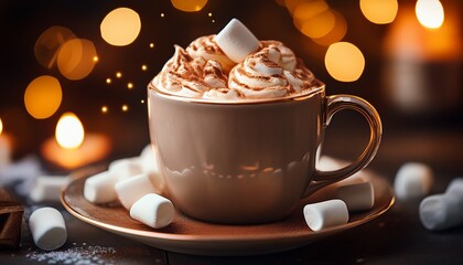 comforting cream hot chocolate with marshmallows and warm bokeh lights generative ai