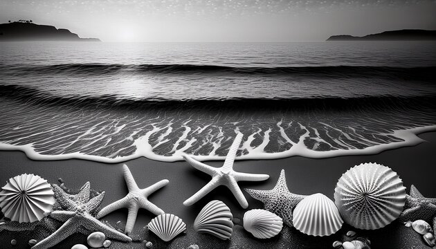 a black and white seascape with waves various seashells and starfish on sandy background - Powered by Adobe