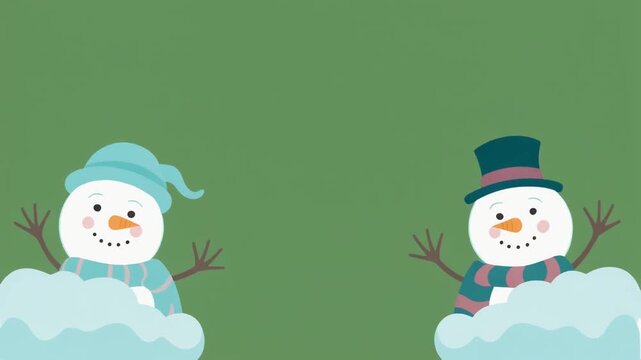 Cute Snowmen Waving Hello on a Green Background.