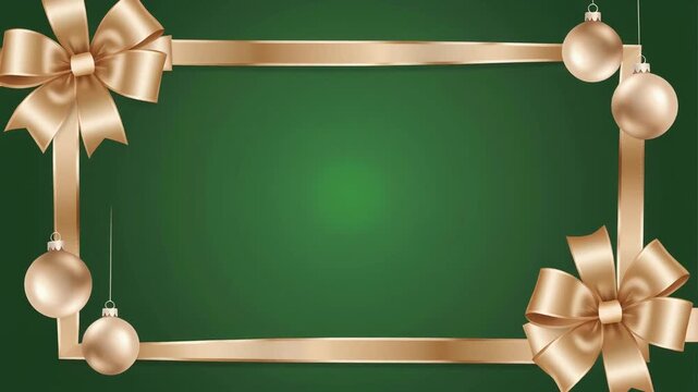 Elegant Gold Ribbon and Baubles Christmas Frame on Green Background.