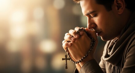 Male individual deeply immersed in devout prayer, reverently grasping a sacred rosary with a cross, embodying profound spiritual contemplation and hope.