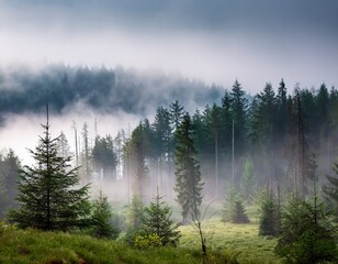 a misty forest landscape in poland s mountains during morning