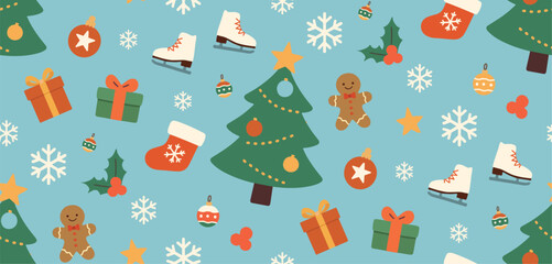 Cozy Christmas. Cute vector illustration. New Year's ornament. Seamless pattern. Children's drawings. New Year's toys. Charming prints. Christmas tree and toys. Festive magic.