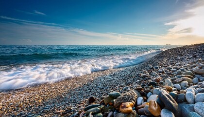 serene rocky beach with gentle waves and colorful pebbles