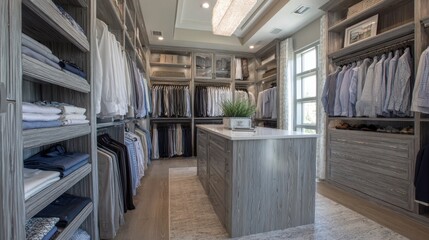 Luxurious walk-in closet with custom cabinetry, island, and organized clothing storage