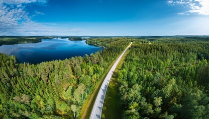a country road in finland s rural summer landscape is surrounded by a lush green forest and a sparkling blue lake in this aerial top view