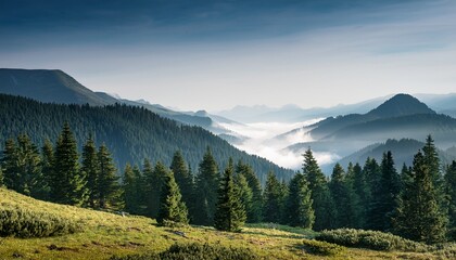 the landscape of features misty forest mountains with pine trees exemplifying the beauty of nature outdoors