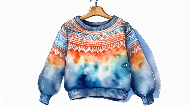 watercolor fair isle patterned sweater with tie dye sleeves hanging on a wooden hanger clothing fashion isolated on a white background