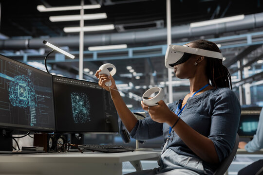 Data scientist in server hub using VR headset run artificial intelligence and machine learning processes. Data center IT specialist using AI tools and virtual reality technology