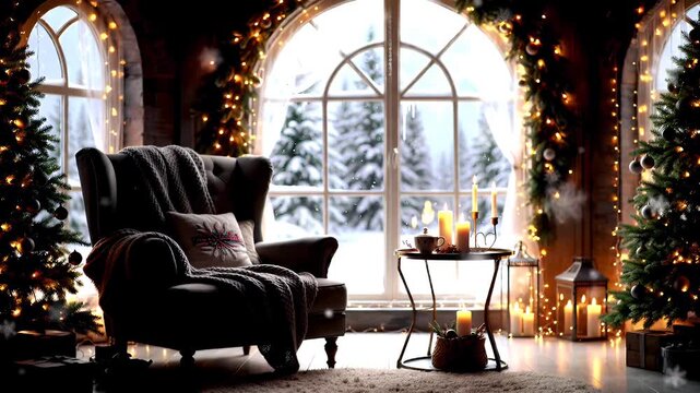 Cozy Rustic Christmas Living Room by Snowy Window Framed with Warm Fairy Lights