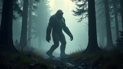 Silhouette of Bigfoot Walking in Foggy Forest Clearing