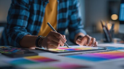 Medium shot of a designer creating a static banner ad layout on a digital tablet focusing on clean lines and vibrant color blocking.