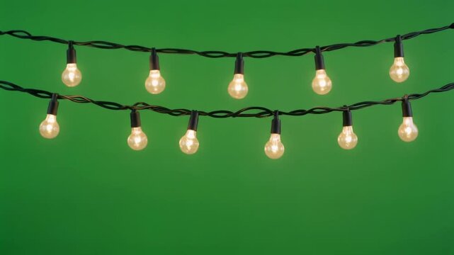 Two rows of glowing string lights on a green background.