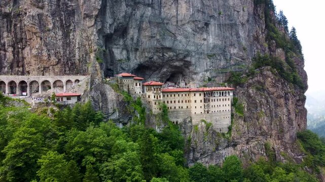 Aerial view of Sumela monastery in mountain landscape