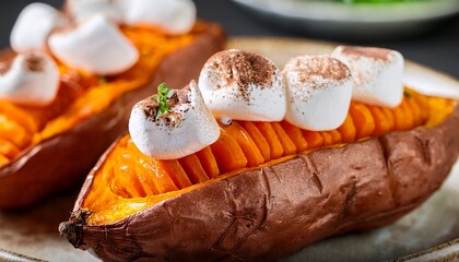 Twice Baked Sweet Potatoes Topped With Marshmallows Macro Shot Ai