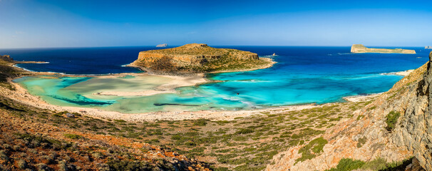 Amazing drone view of Balos Lagoon and white sandy beach, Crete, Greece