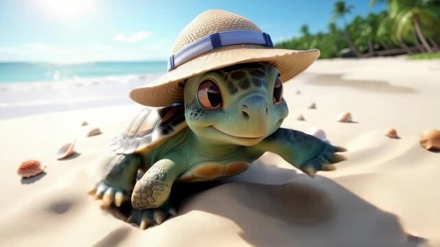 A cartoon turtle wearing a straw hat is laying on the beach. The turtle is smiling and he is enjoying the sunny day