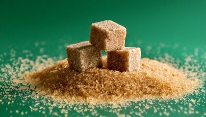 Four Brown Sugar Cubes And Scattered Granules Suspended Over A Small Pile All Against A Vibrant Green Background