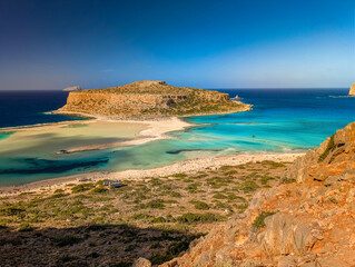 Amazing drone view of Balos Lagoon and white sandy beach, Crete, Greece