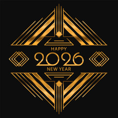 Geometric New Year 2026 Greeting Background. Luxury Art Deco Gold Frame