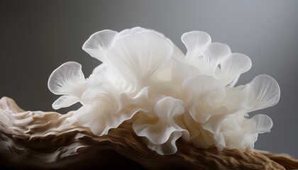 A Lose Up Delicate White Tremella Fuciformis With Intricate Ruffled Layers And Organic Flowing Forms Sits Against A Soft Gray Background