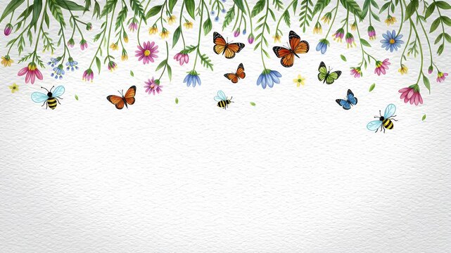 Delicate floral border with tiny butterflies arching along a bright white background
