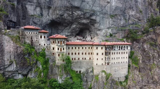 Aerial view of Sumela monastery in mountain landscape