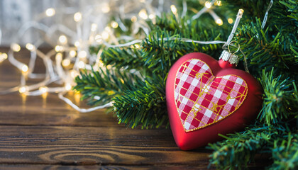 Christmas heart ornament with gingham pattern and greenery