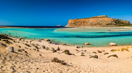 Amazing drone view of Balos Lagoon and white sandy beach, Crete, Greece