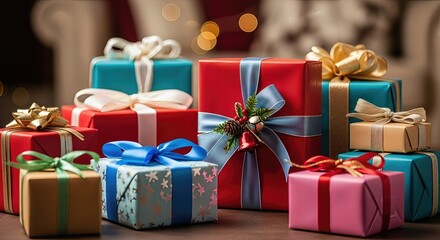 A vibrant collection of beautifully wrapped holiday presents, adorned with elegant ribbons and festive trimmings, creating a joyous scene for Boxing Day celebrations. Warm bokeh lights glow softly.