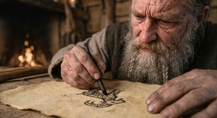 Elderly man drawing on parchment paper with attention in rustic setting  