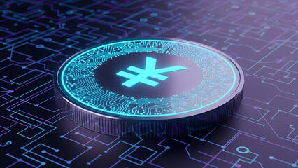 Digital Yen: A close-up view of a futuristic digital coin featuring the Yen symbol, sitting on an electronic circuit board.