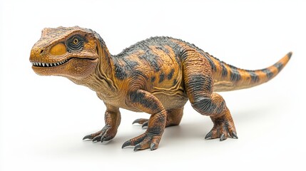 Obraz premium Detailed close-up of a dinosaur figurine with realistic textures and colors, highlighting its robust build and sharp features. Shot against a stark white background for maximum impact.
