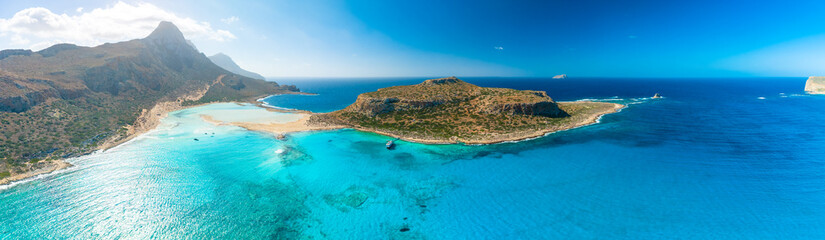 Amazing drone view of Balos Lagoon and white sandy beach, Crete, Greece