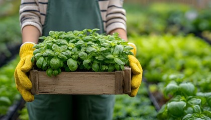 Gardener Holding a Crate of Fresh Basil Plants