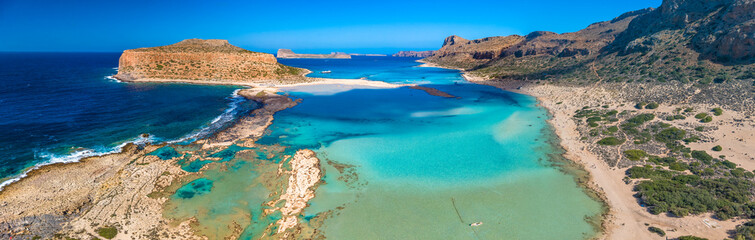 Amazing drone view of Balos Lagoon and white sandy beach, Crete, Greece