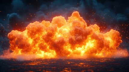 Fototapeta premium A dramatic digital art depiction of a fiery explosion, showcasing intense orange and yellow hues against a dark, stormy sky. The artwork emphasizes texture and depth.