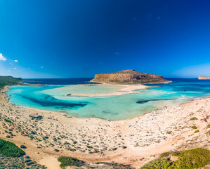 Amazing drone view of Balos Lagoon and white sandy beach, Crete, Greece
