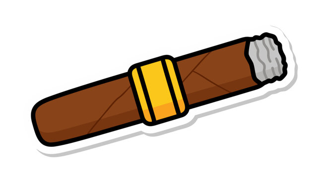A single brown cigar with a golden band and white ash rests against a stark black background highlighting its texture and form