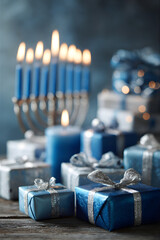 Lit menorah candles and blue Hanukkah gift boxes on rustic wood table. Jewish festival of lights celebration. Presents for holiday.