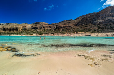 Amazing drone view of Balos Lagoon and white sandy beach, Crete, Greece