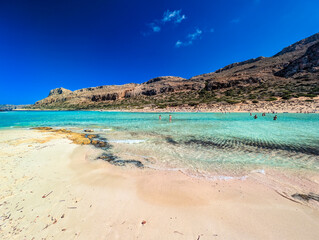 Amazing drone view of Balos Lagoon and white sandy beach, Crete, Greece
