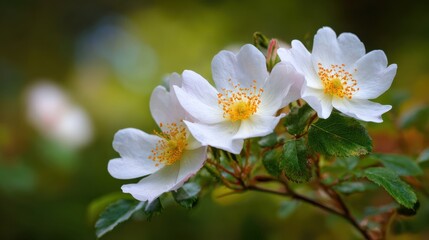 Fototapeta premium Delicate wild rose flowers with dew drops on a green branch