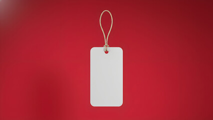 Minimal blank tag mockup for festive retail branding product labeling and holiday season discount marketing on vibrant red background with copy space