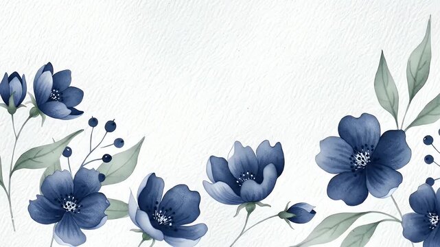 Elegant blue floral border design with delicate petals and green leaves along a white background