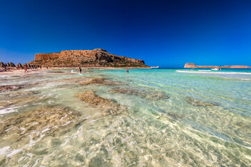 Amazing drone view of Balos Lagoon and white sandy beach, Crete, Greece