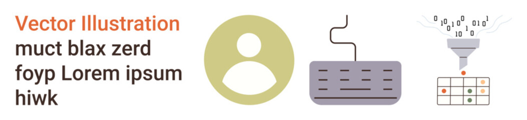 Technology, data processing, artificial intelligence, user identification, digital inputs, automation. A person icon, keyboard and AI funnel with binary symbols. AI processing and user