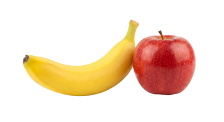 Ripe yellow banana and crisp red apple isolated on transparent background, studio shot, healthy eating and fresh fruit concept, natural food PNG.