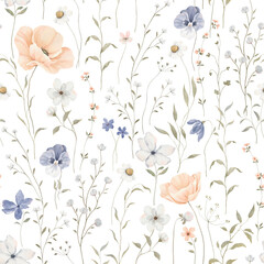 Watercolor seamless pattern with delicate poppies coral colors, plants, little blue and white flowers. Isolated hand drawn illustration for textile, background or wallpaper in provence style.